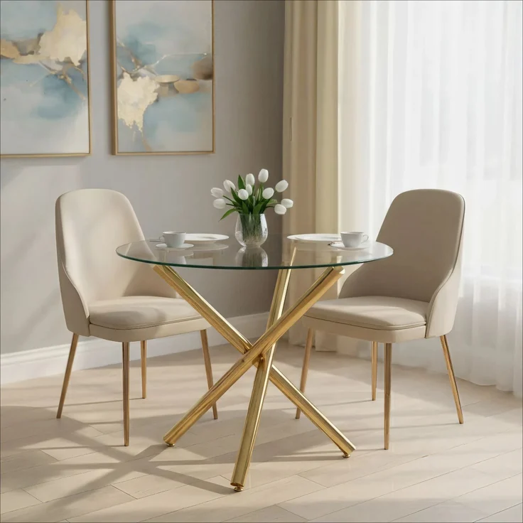Runder Esstisch 80 x 80 x 76 cm mit Glasplatte, Metallgestell in Gold, modern und platzsparend – Bild 4