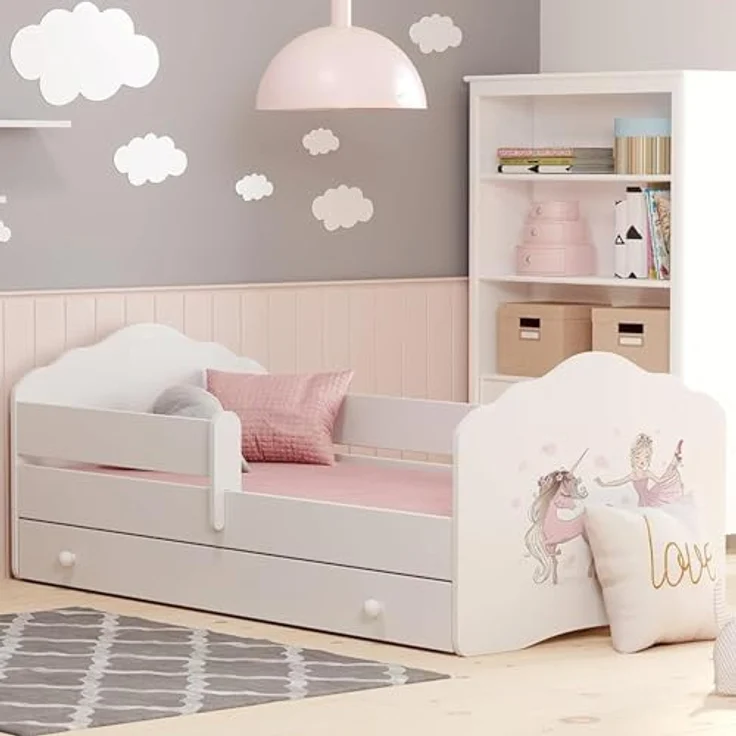 Kids Collective Kinderbett für Mädchen mit Matratze und Schublade & Lattenrost (70x140, 80x160 cm Jugendbett Einzelbett Komplettbett in weiß mit Pferd Motiv), Bett für Kinder Bett komplett Set Rausfallschutz Kinderbett 70x140 cm – Bild 2