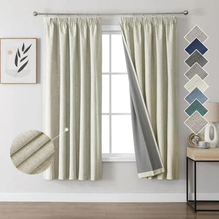 Joydeco 100% Verdunkelungsvorhänge Leinen Gardinen mit Kräuselband 2er Set H183xB117cm Hellbeige, Thermovorhang Kälteschutz Blickdicht Schallschutz Ideal für Wohnzimmer passt zu Schienensystemen – Bild 2