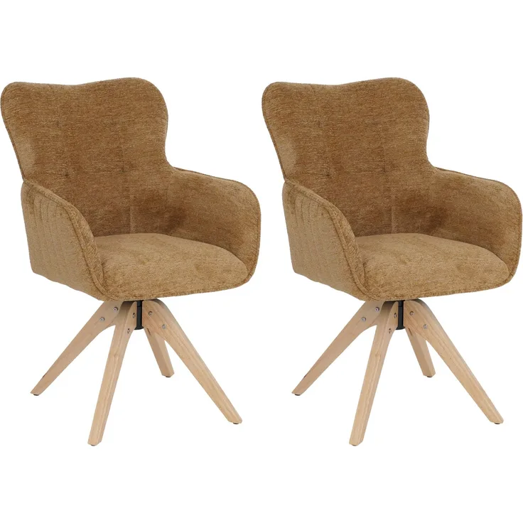 2er-Set Esszimmerstuhl HWC-Q35, Küchenstuhl Armlehne drehbar Auto-Return, Stoff Chenille (680g/m²) Holz MVG ~ senfgelb