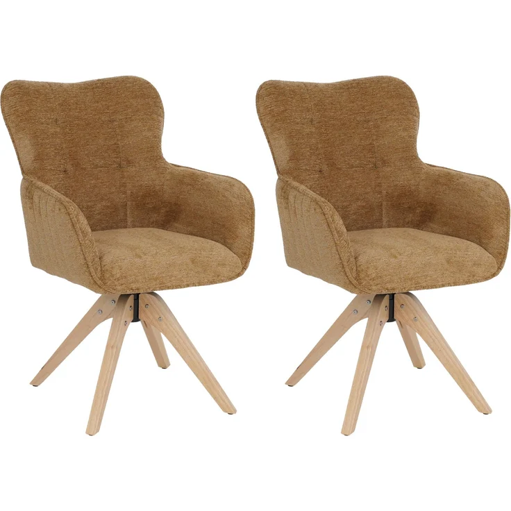2er-Set Esszimmerstuhl HWC-Q35, Küchenstuhl Armlehne drehbar Auto-Return, Stoff Chenille (680g/m²) Holz MVG ~ senfgelb – Bild 1