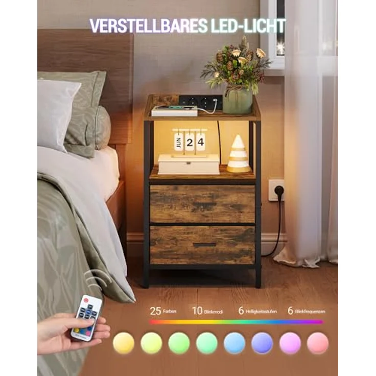 Nachttisch mit LED-Leuchten und ladefunktion, Beistelltisch mit 2 Stoff-Schubladen mit USB-Anschlüssen & Steckdosen, für Schlafzimmer, Wohnzimmer, Vintage Braun-Schwarz – Bild 5