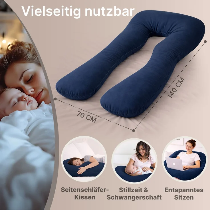 ELONEO Seitenschläferkissen mit Bezug, Stillkissen, Schwangerschaftskissen XXL, Blau – Bild 2