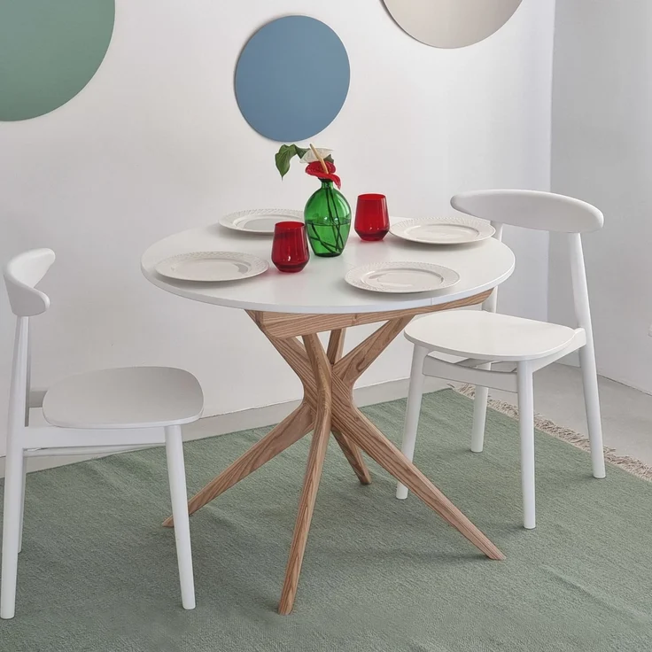 Ragaba Runder ausziehbarer Esstisch Ø 90 cm Weiß MDF & Massives Eschenholz – Bild 3