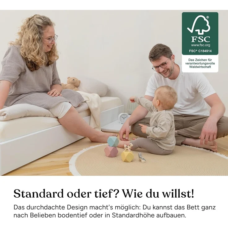 Ehrenkind Holzbett Plano, Modulares Familienbett, FSC® Zertifiziert (Familienbett, 270x200 cm, Kiefernholz naturbelassen, 2‑in‑1 Höhe (Bodenbett oder Standard), Modular und Höhenverstellbar – Bild 4