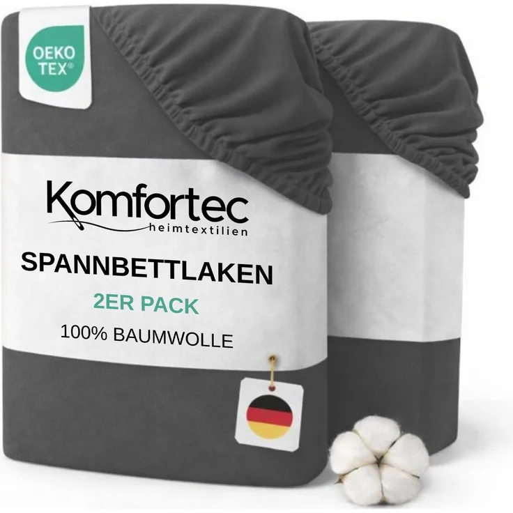 Komfortec Spannbettlaken Jersey 2er Set 100% Baumwolle – 140x200 cm – Weich, Atmungsaktiv & Hautfreundlich – Mit Rundumgummi – Oeko-Tex Zertifiziert – Für Boxspring, Topper & Matratzen – Dunkelgrau