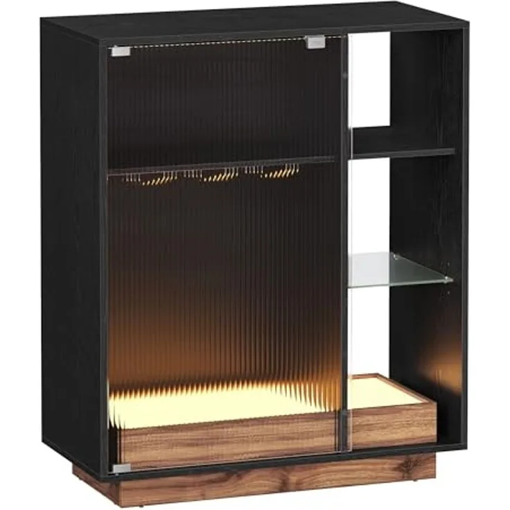 VASAGLE Weinschrank mit Beleuchtung, Sideboard mit LED, Küchenschrank für Weinflaschen, Barschrank mit Weinglashalter, geriffelte Glastür, für Wohnzimmer, ebenholzschwarz BBK361B21
