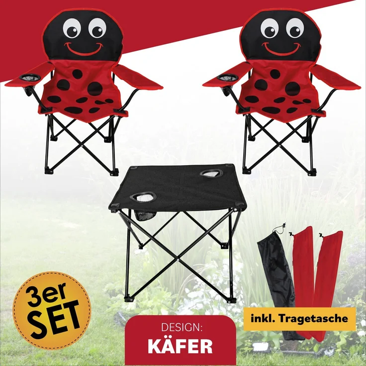 Kinder Camping Set 3tlg. Anglersessel Campingsessel Campingtisch faltbar Marienkäfer