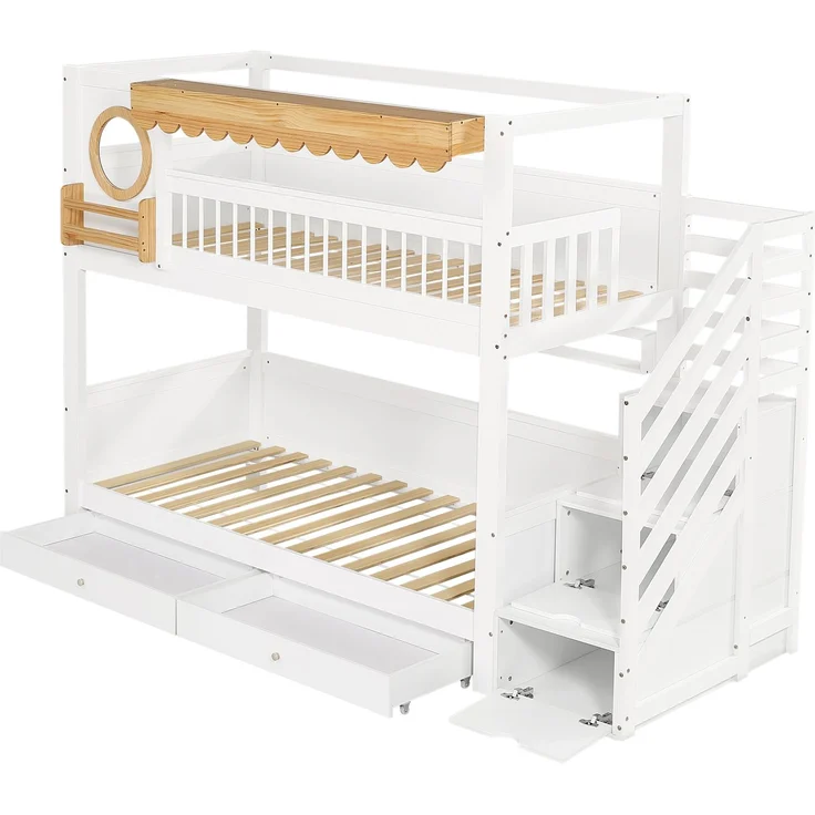 Merax Kinderbett, 90x200cm Jugendbett, Etagenbett, Zwei Aufbewahrungsschublade mit Rollen, Mit Treppenschrank, Mit mit einer Reihe von 2 Meter langen Regalen, Seitliche Ablage, Kiefer + MDF, Weiß – Bild 7