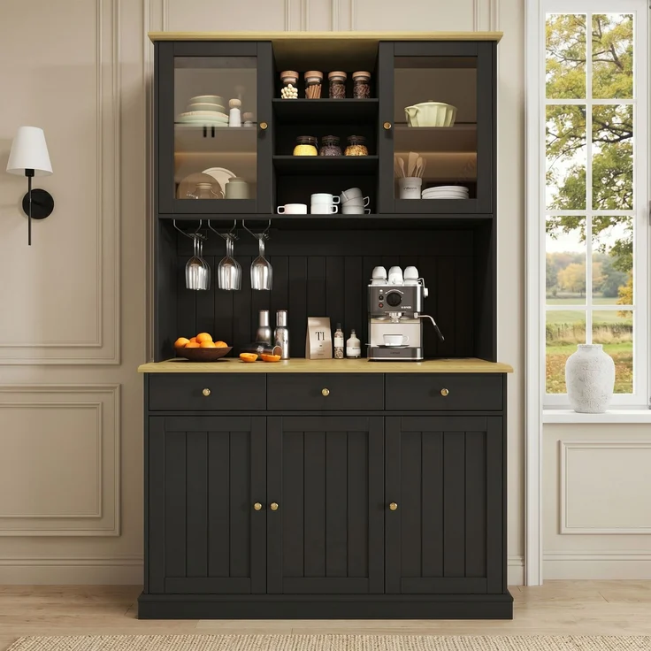 Buffetschränke, Esszimmer-Hochschrank 120×40×191 cm, mit Glastüren, Gläserhalter, mehrstufigem Stauraum, integrierter Steckdose sowie USB-C- und USB-A-Anschlüssen, Schwarze und goldene Griffe--Schwarz--120x40x191cm--YOUDENOVA – Bild 5