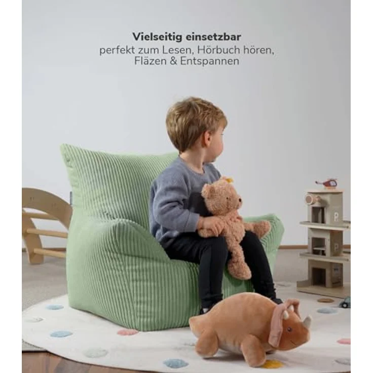 mokebo Kindersessel aus Cord Der Pausenheld, ergonomischer Kindersitzsack in Grün mit erhöhter Rückenlehne für Kinder von 2 bis 6 Jahren – Bild 4