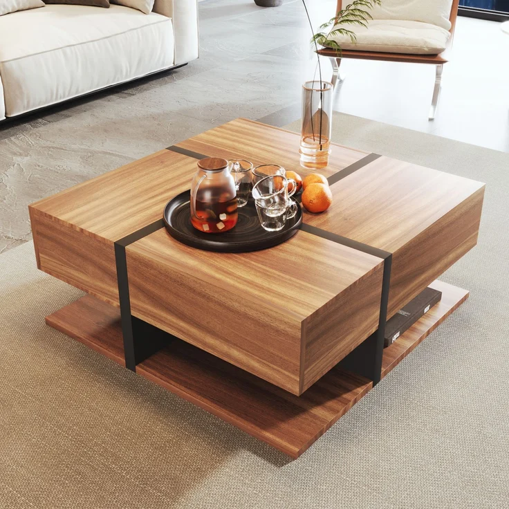 Merax Hochglanz-Couchtisch, Tisch mit 4 Schubladen, einzigartige Farbabstimmung und Liniendesign, Stauraum unten, braun – Bild 2