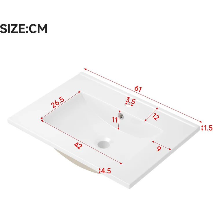 61×46×45cm wandhängender Waschtisch, hochwertig lackiert, mit LED-Radarsensorleuchte, 2 Schubladen mit geräuscharmen Schienen, integriertes Waschbecken, minimalistisches Design, Weiß – Bild 6
