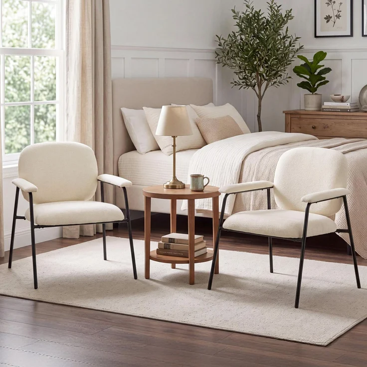 Wohnora-Set aus 2 Lounge-Sesseln, Chenille-Akzentstühle mit konturierter Rückenlehne, gepolsterten Armlehnen, Creme,H 765cm x T 670cm x B 640cm – Bild 4