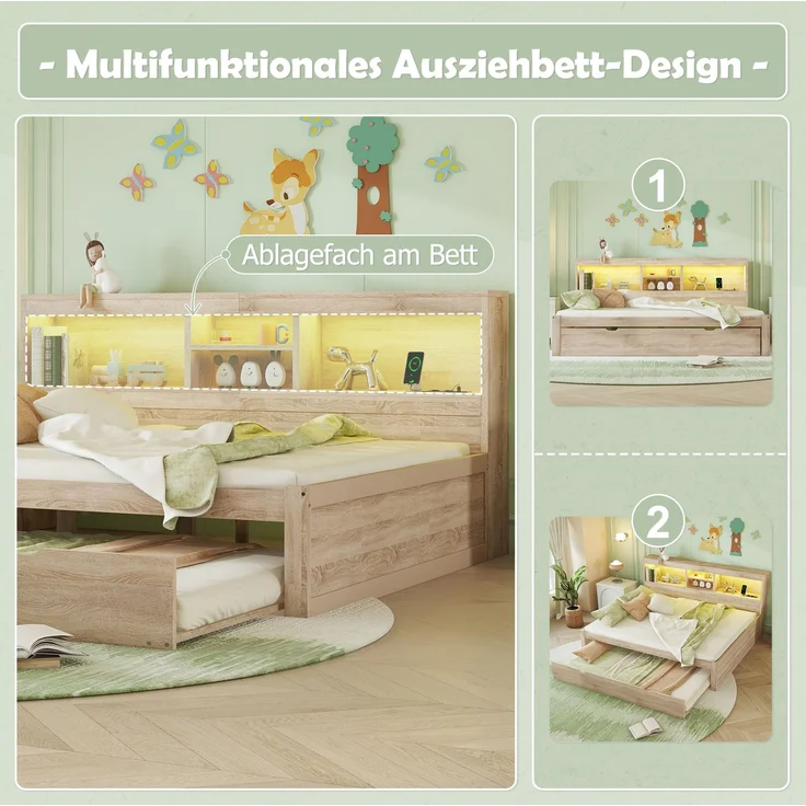 CHICFURN Bett aus Spanplatte und MDF Natur 140x200 cm mit Ausziehbett und LED-Beleuchtung – Bild 4