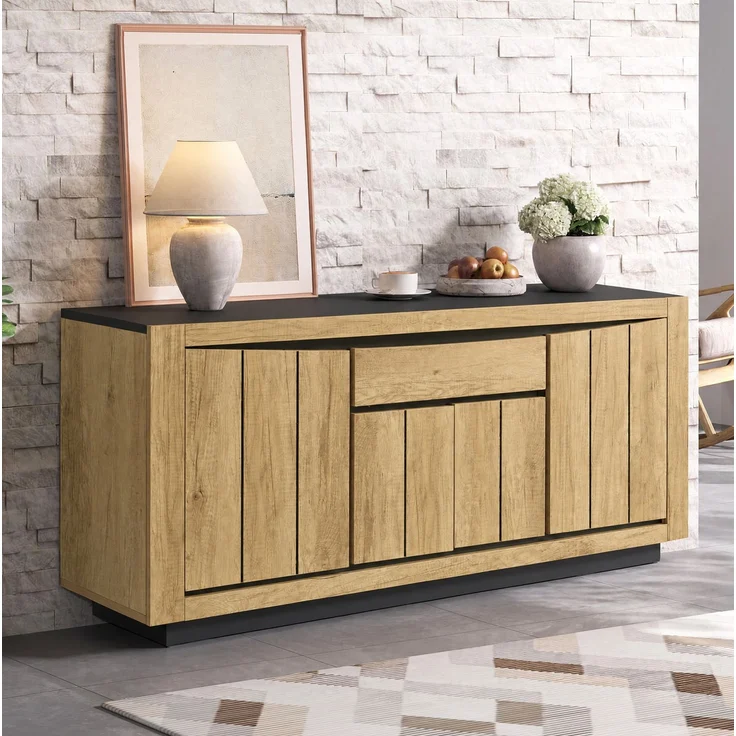 DESVIAE Sideboard Holzoptik/Schwarz aus MDF – 140x60x40 cm – 4 Türen, 1 Schublade – Bild 5