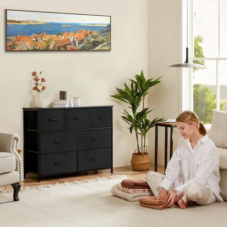 Sweetcrispy Kommode,Sideboard Wohnzimmer für Schlafzimmer mit 7 Stoffschubladen,Einstellbare Füße Schubladenschrank,Komodenschrank für Schlafzimmer,Klassisch Schwarz – Bild 2