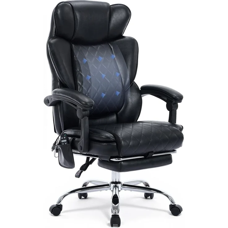Bürostuhl Ergonomisch mit Massagefunktion, Ergonomischer Schreibtischstuhl mit Heizfunktion, Chefsessel mit Fußstütze, 360° Drehstuhl, 94-125° Verstellbarer Rückenlehne, für Office, Schwarz