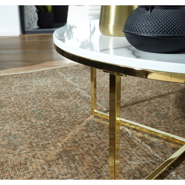 Couchtisch Rund 80x36x80cm Marmoroptik Weiß Metallgestell Wohnzimmer – Bild 12