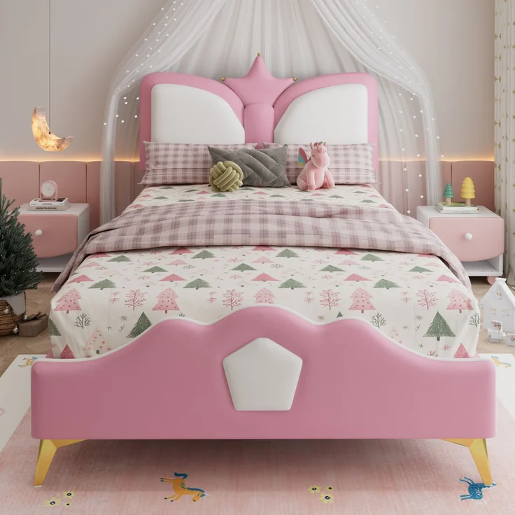 Merax Polsterbett, 90 x 200cm Einzelbett, Kinderbett, Kopfteil mit Kronenform, Weiche Antikollisions-Schwammkante und Kopfteil, Rosa+Weiß – Bild 2