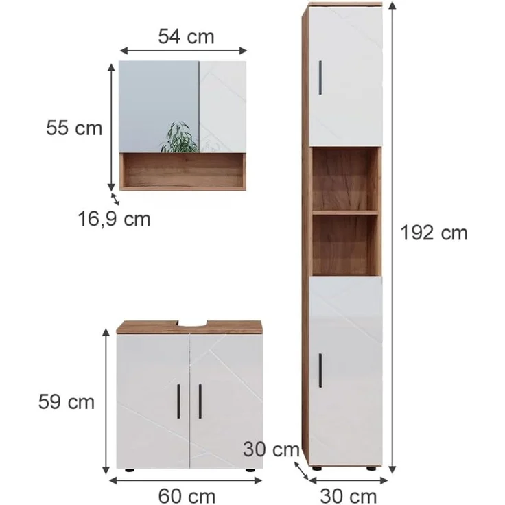 Badmöbel-Set Irma Weiß Hochglanz/Goldkraft Eiche 3 Teile, mit Hochschrank Vicco – Bild 3
