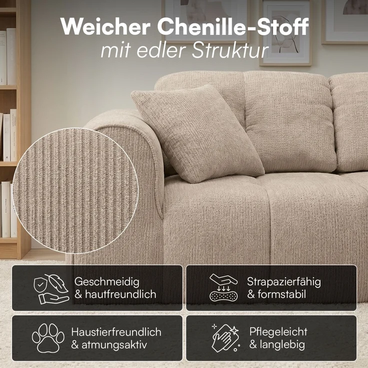 skølm 'Vanaheim' Sofa 2 Sitzer mit Hocker & 2 Kissen, Cloud Sofa beige, Chenille-Stoff, Vollschaumcouch mit Federkern und Vakuum-Kompression, kein Aufbau erforderlich – Bild 6