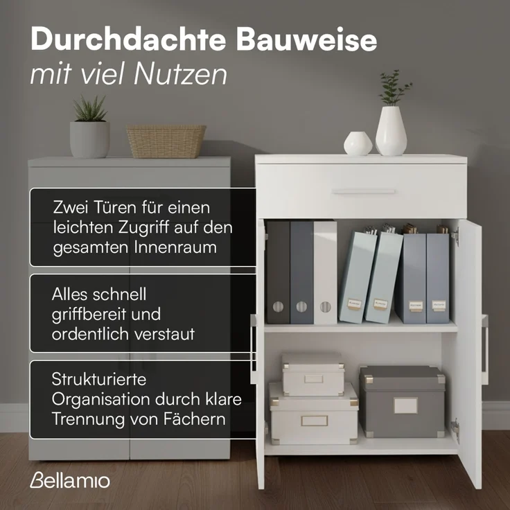 Bellamio 'Apol' Mehrzweckschrank, weiß, 88x33x60 cm, kleiner Aktenschrank mit 2 Fächern und 1 Schublade – Bild 4