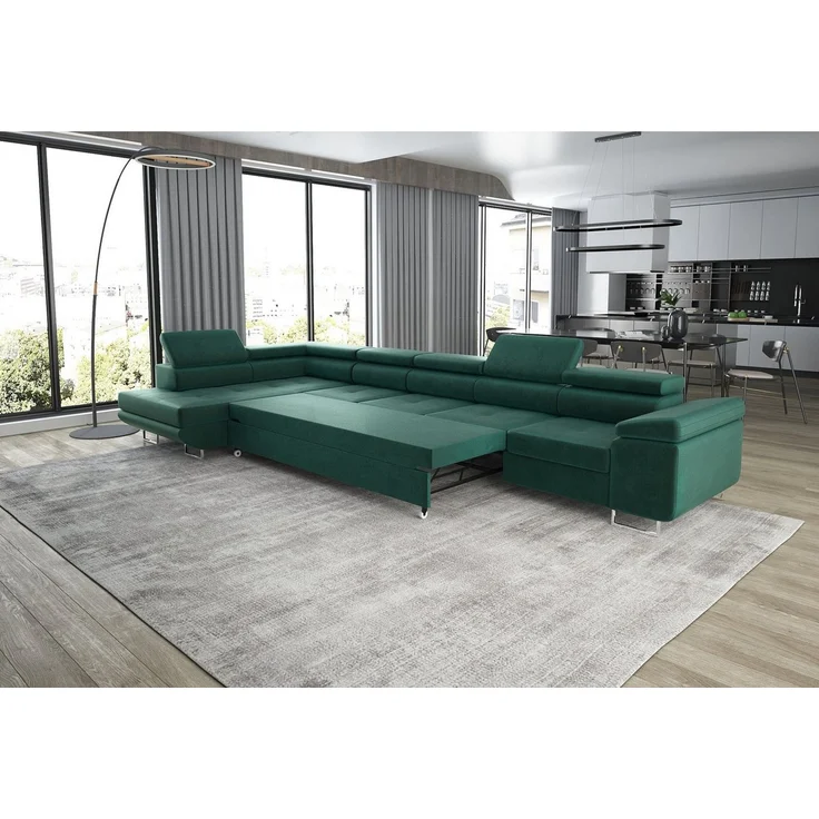 thematys Ecksofa ASTON MAXI 405 x 203 cm, mit Schlaffunktion, mit Bettkasten, mit verstellbaren Kopfstützen, Grün (Poso 14), Ausrichtung Links – Bild 2