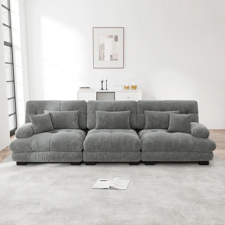 3-Sitzer Modulares Ecksofa mit Tiefensitz,80% Chenille Schlafsofa Komfortabel Gepolstert für Wohnzimmer Apartment Studio Büro,Chenille,Grau,