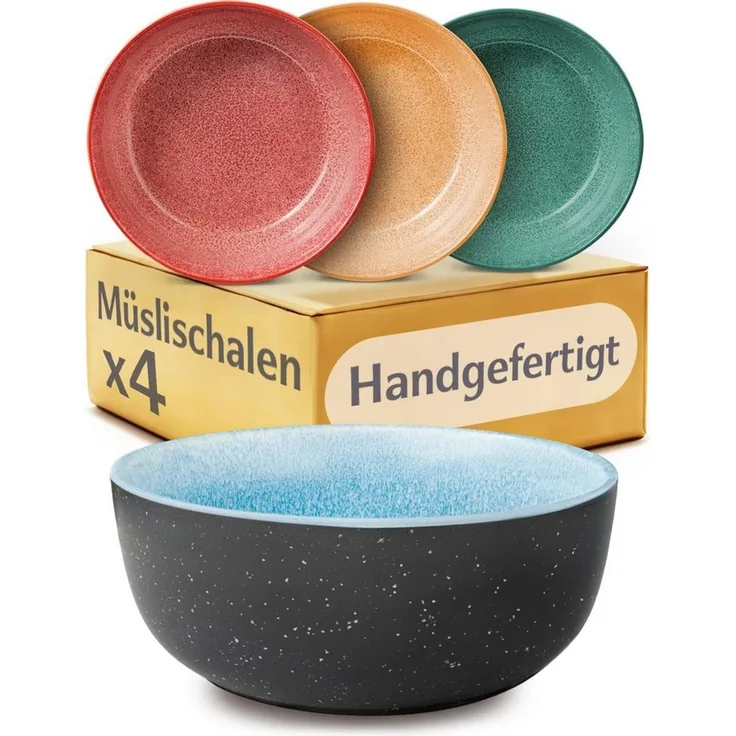 Cosumy Müslischale Steingut Geschirr Set 4 Personen – Handgefertigtes Tafelservice, Steingut, (Müslischalen Set Steingut, 4-tlg), Handglasiert- Mikrowellenfest - Spülmaschinenfest – Design Geschirr
