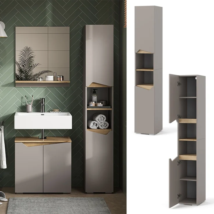 Badschrank Marelle Greige/Artisan 30 x 180 cm mit Türen, und offenen Fächern Vicco – Bild 2