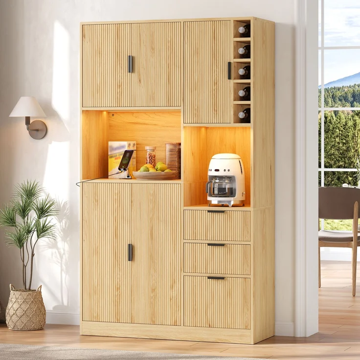 ZUBALIYA Weinschrank 105x40x180 cm, mit LED-Beleuchtung, mit Steckdosen, mit verstellbaren Einlegeböden, aus MDF, Natur – Bild 1