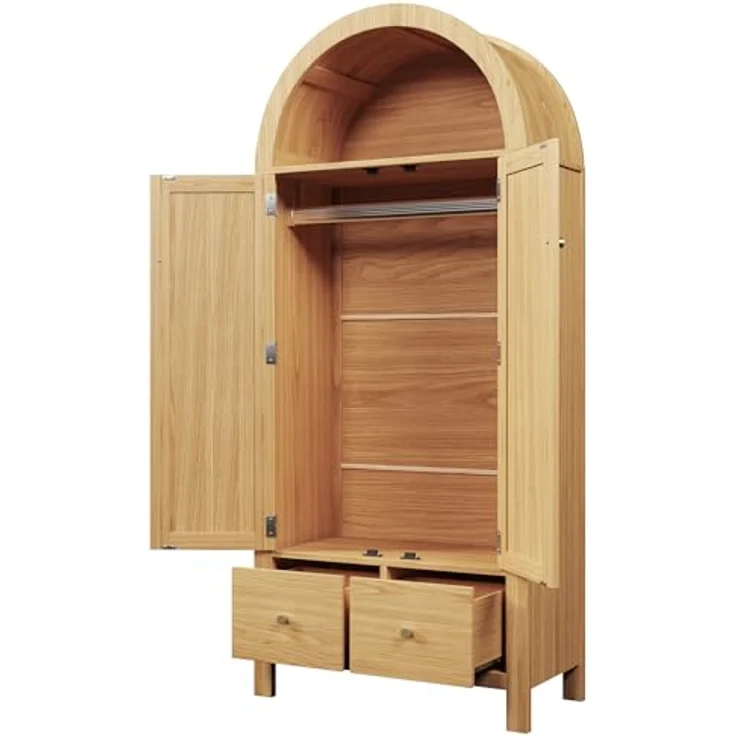 Arcus Gewölbter Kleiderschrank mit Rattan-Türen, 3 Staubereichen, 2 Schubladen für Schlafzimmer & Eingangsbereich (Naturfarbe) – Bild 8