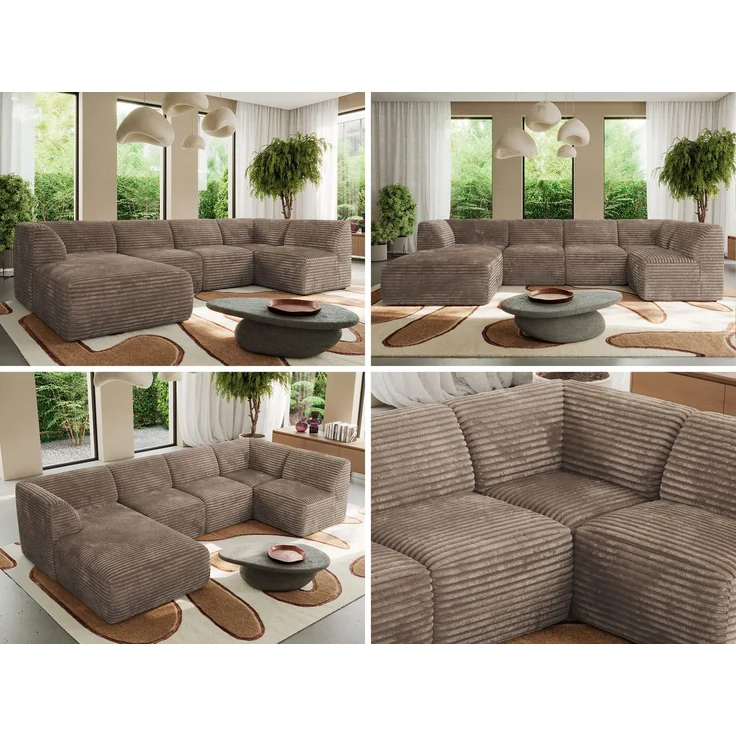 Modulares XXL-Ecksofa MODARO 5M, U-Form, Wohnlandschaft, 5-teilig, freistehend, Wohnzimmer Couch, HR-Schaumstoff - Braun Cord - Links – Bild 2