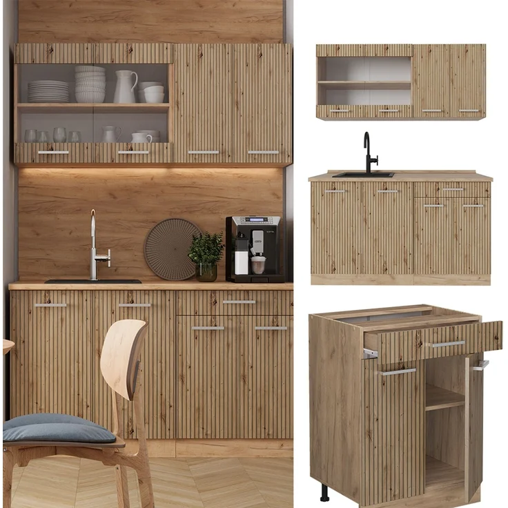 Singleküche R-Line Artisan-Eiche/Goldkraft Eiche 140 cm , AP Anthrazit Vicco – Bild 2