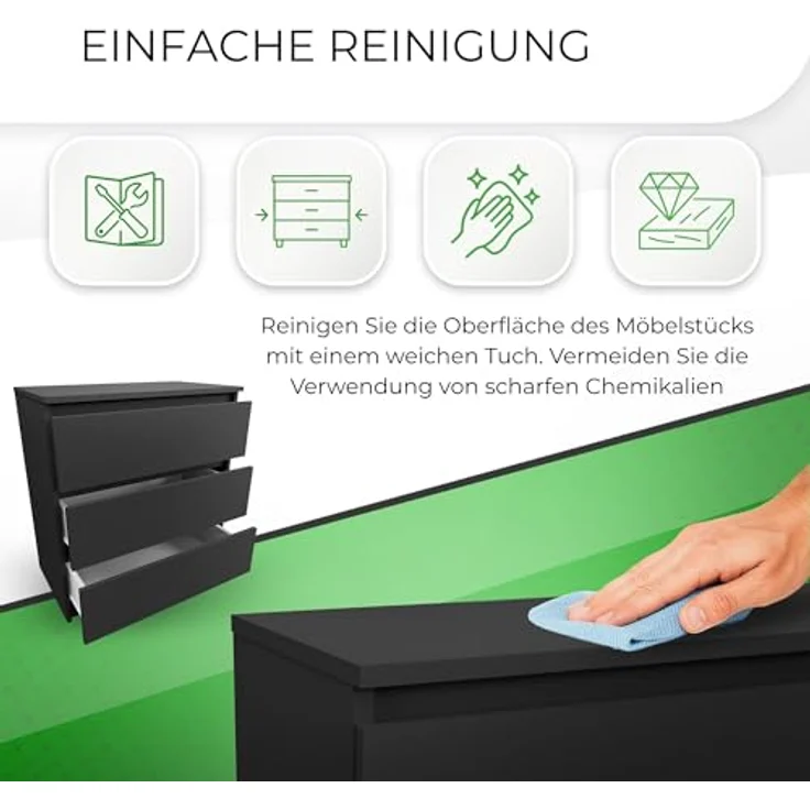 CDF Kommode mit Schublade Schwarz Schrank Schubladenschrank 3 Schubladen Malm Kommode viel Stauraum Geeignet für Wohnzimmer Schlafzimmer Komodenschrank Organizer Kleidung 40T x 70B x 75H cm – Bild 7