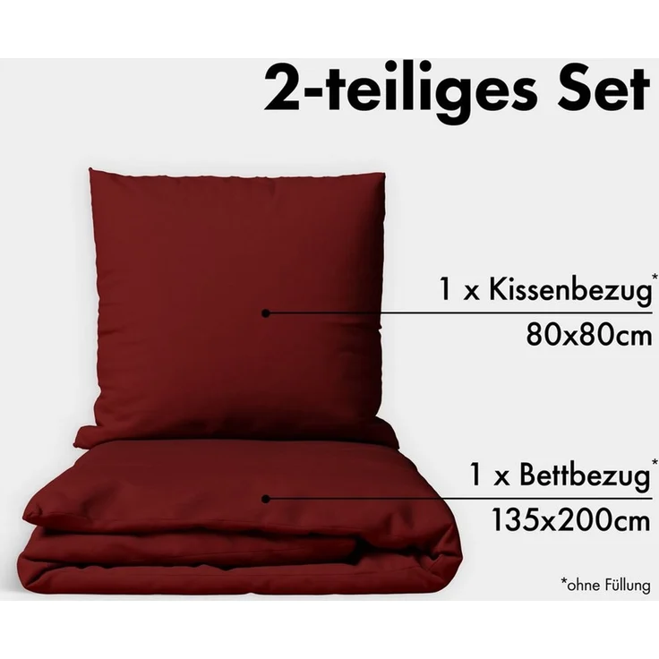 JACOBSON Bettwäsche 135x200 Set - 100% Baumwolle Bettbezug 135x200 cm + 1 Kissenbezug 80x80 cm, Perkal Bettwäsche 2-teilig mit Reißverschluss (135x200 cm, Bordeaux, 2-teilig) – Bild 2