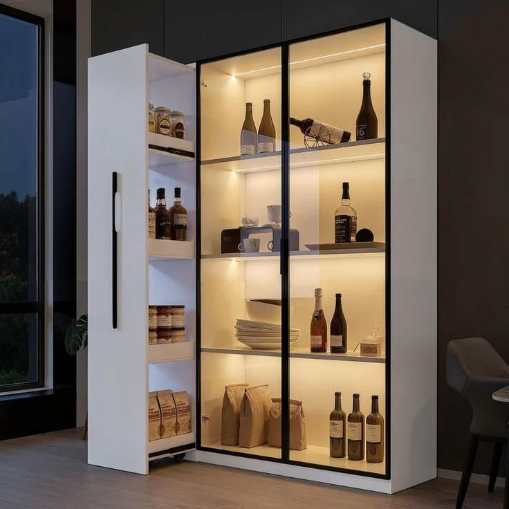 BlingBin Glasvitrine Standvitrine LED Glasvitrine 110x30x160 cm Schwarz aus MDF (1-St, mit Glasfront, ausziehbaren Regalen, Schubladen & Anti-Kipp) für Wohnzimmer/Küche/Büro – Bild 1