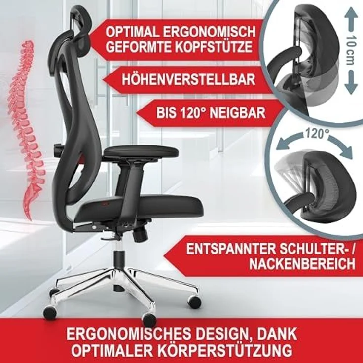 Onbest Bürostuhl PREMIUM Ergonomisch 150 kg, Verstellbare Lordosenstüzte, Armlehnen & Kopfstütze - Gaming Stuhl – Bild 5