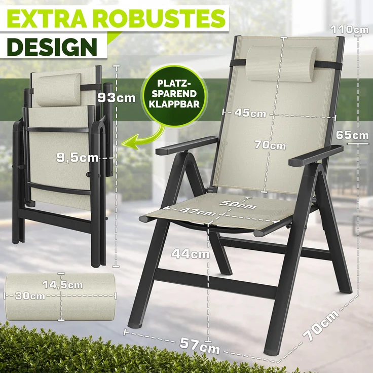 tillvex Gartenstuhl Premium 2 Stück Beige klappbar aus Aluminium | Hochlehner mit Armlehnen | Klappstuhl verstellbar | Klappsessel Balkon Garten Terrasse – Bild 8