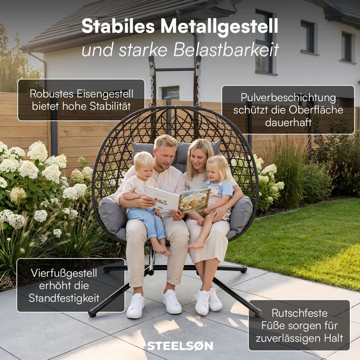 STEELSØN 'Sarin' Doppelhängesessel mit Metallgestell, höhenverstellbar und faltbar, wetterfest, Polyrattan, dunkelgrau/schwarz, bis 220 kg belastbar, inkl. Kissen – Bild 3