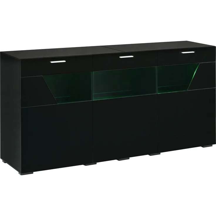 ZUBALIYA Sideboard 160x38x78 cm, mit LED-Beleuchtung, Hochglanz, mit 3 Türen, aus Spanplatte, Schwarz – Bild 23