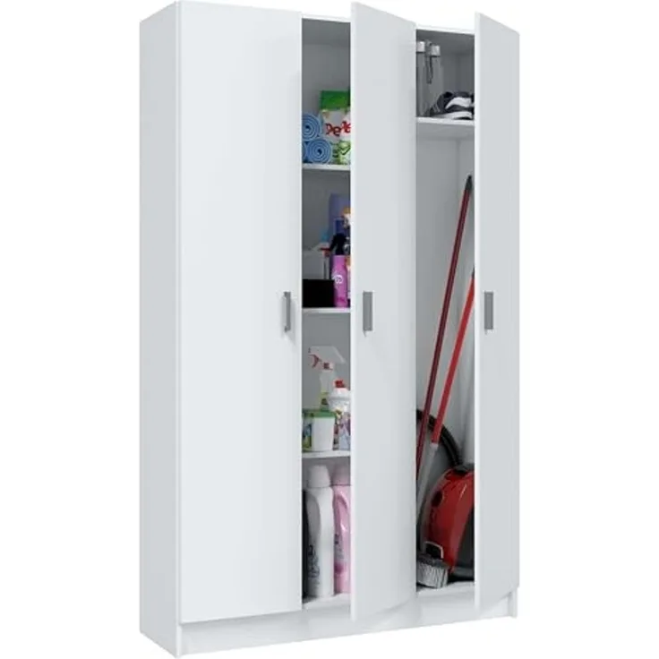 Mehrzweck-Kleiderschrank mit drei Flügeltüren und drei verstellbaren Einlegeböden, Farbe Weiß, Maße 109 x 37 x 180 cm