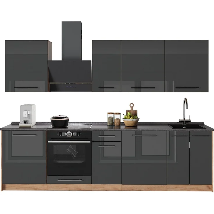 Küchenzeile Fame-Line Anthrazit Hochglanz/Goldkraft Eiche 280 cm, AP Eiche Vicco – Bild 5