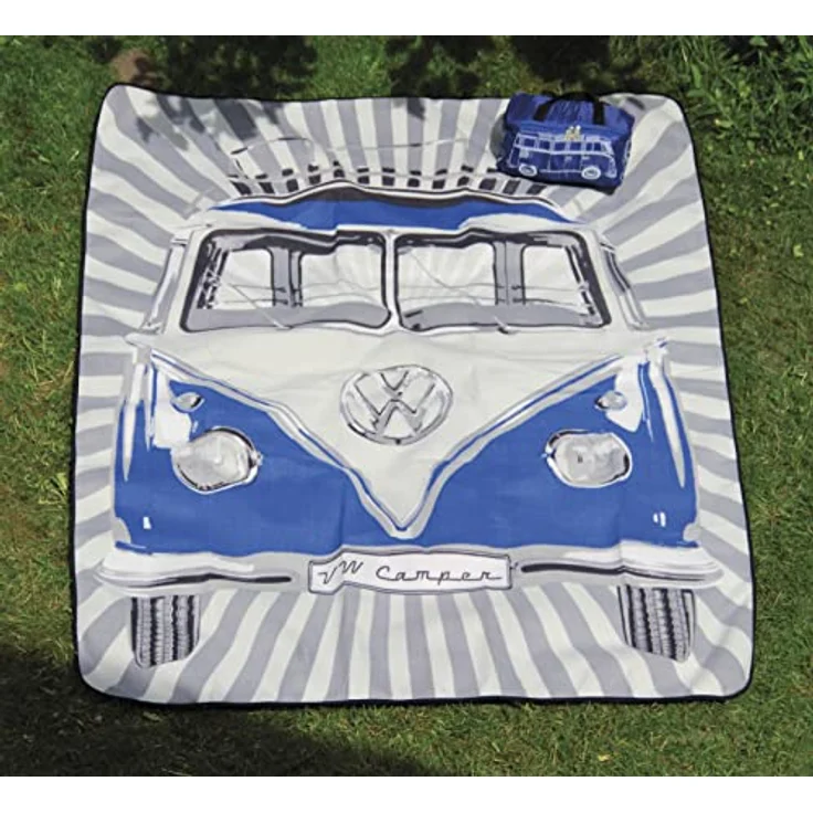 BRISA VW Collection - Volkswagen Picknickdecke 200x150 cm Wasserdicht Wärmeisoliert Fleece Garten Outdoor Stranddecke mit Tragetasche (Samba Stripes/Blau) – Bild 3