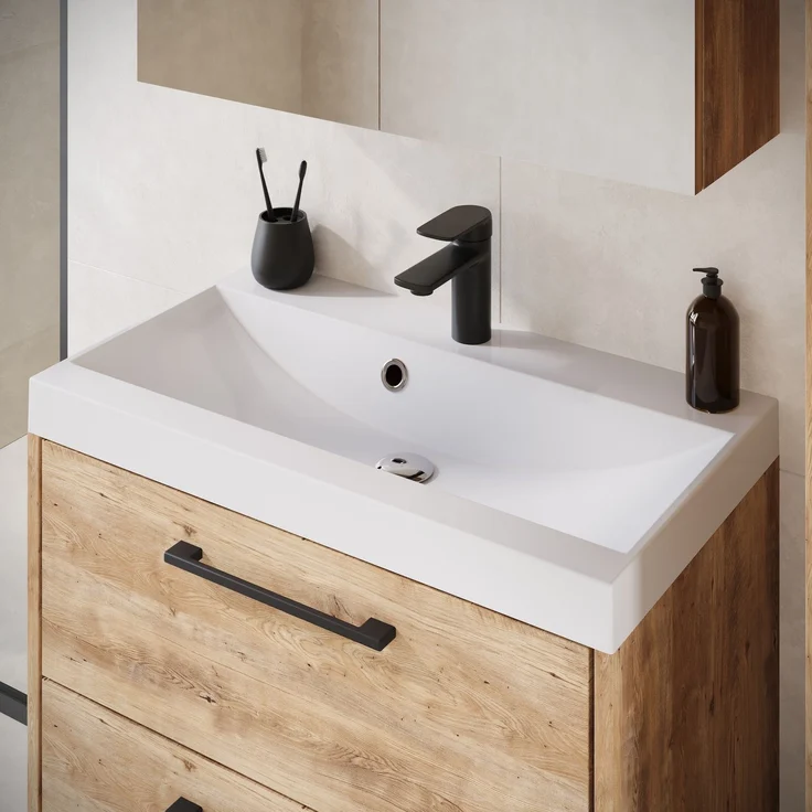 Badmöbel Komplettset Florence 60 x 35 cm Kastanie Eiche - Badezimmermöbel mit Waschbecken und Spiegelschrank – Bild 6