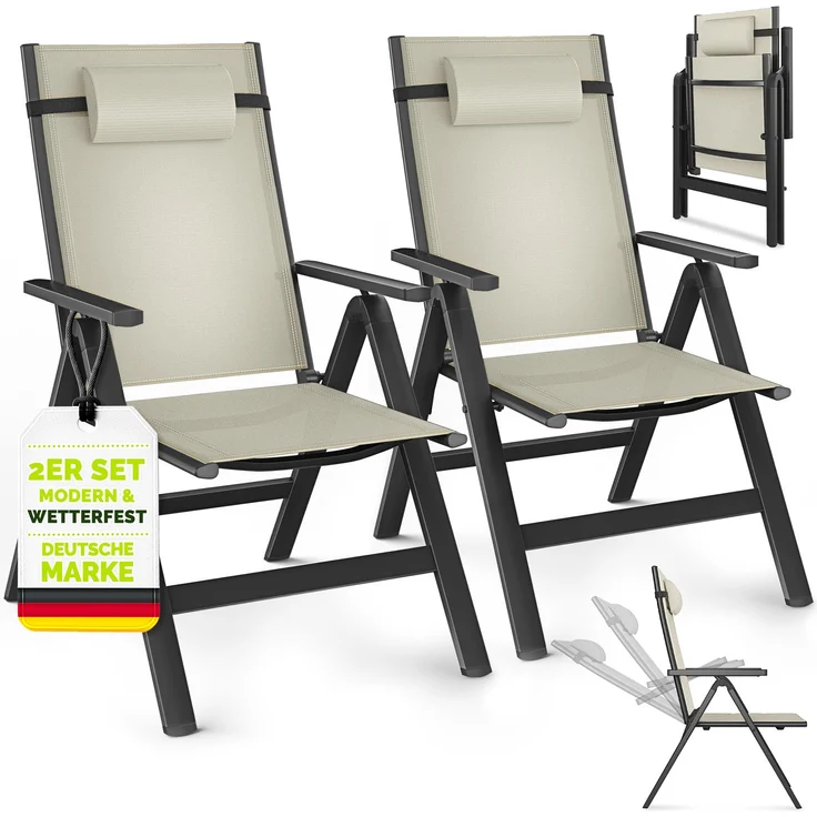 tillvex Gartenstuhl Premium 2 Stück Beige klappbar aus Aluminium | Hochlehner mit Armlehnen | Klappstuhl verstellbar | Klappsessel Balkon Garten Terrasse – Bild 1