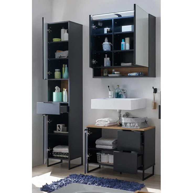 Badezimmer-Set >Denver< (3-tlg.) in schwarz matt / Evoke Eiche Dekor - 140x195x35 (BxHxT) – Bild 2