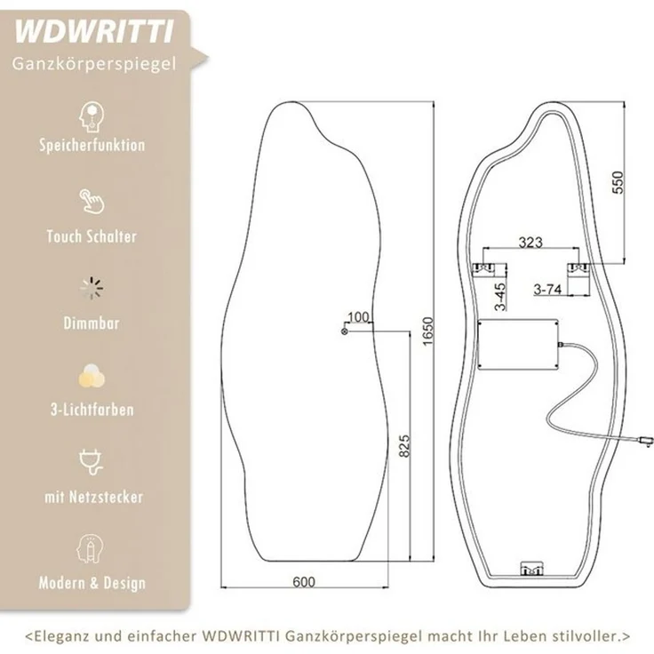WDWRITTI Ganzkörperspiegel Rahmenlos LED Ganzkörperspiegel Wandspiegel groß asymmetrisch (Flurspiegel Modern mit 3Lichtfarben, Dimmbar, Speicherfunktion, 165x60cm), für Wohnzimmer Schlafzimmer Garderobe Flur Friseurladen – Bild 4