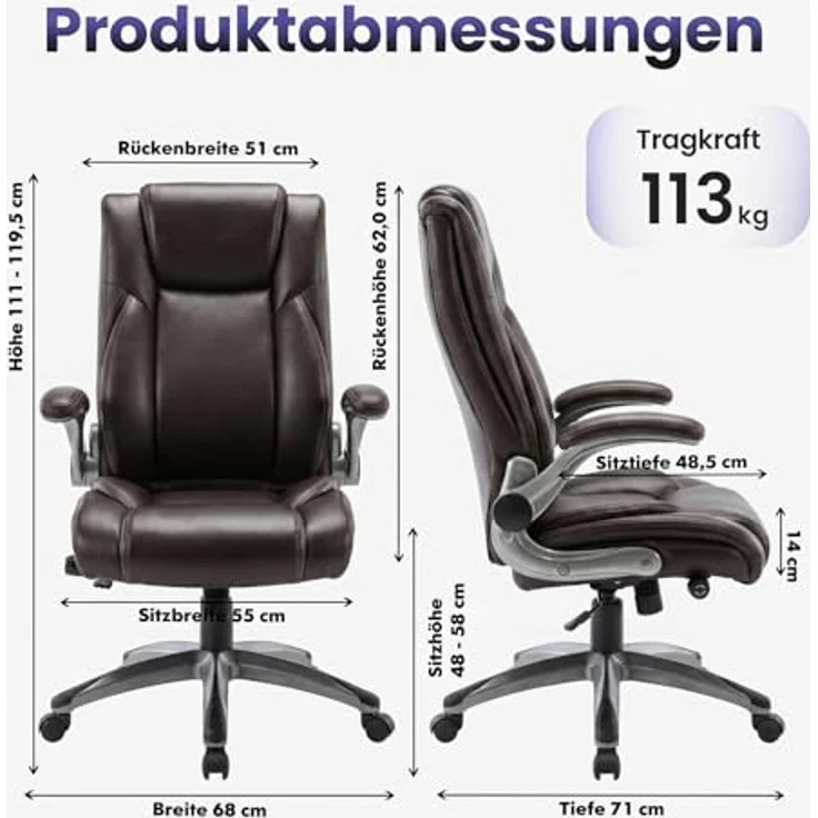 MALOL Ergonomischer Bürostuhl, Schreibtischstuhl aus Kunstleder mit elegantem Design, aufblasbarer Lendenstütze, Federkern-Sitzkissen, klappbaren Armlehnen, für Büro & Homeoffice, Braun – Bild 2